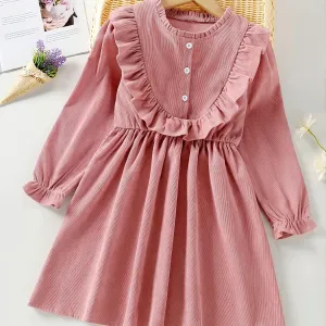 Sweet Ruffled Pink Long-Sleeved Dress for Girls