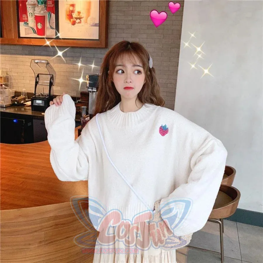 Sweet Strawberry Embroidery Loose Sweater J40076