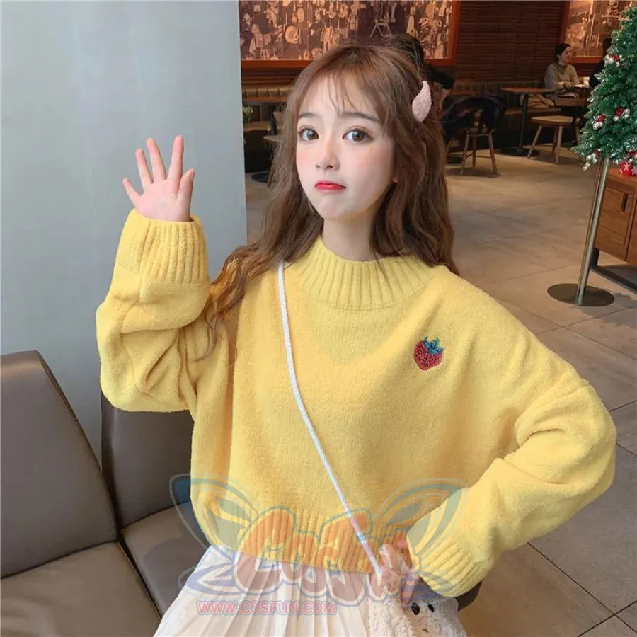Sweet Strawberry Embroidery Loose Sweater J40076