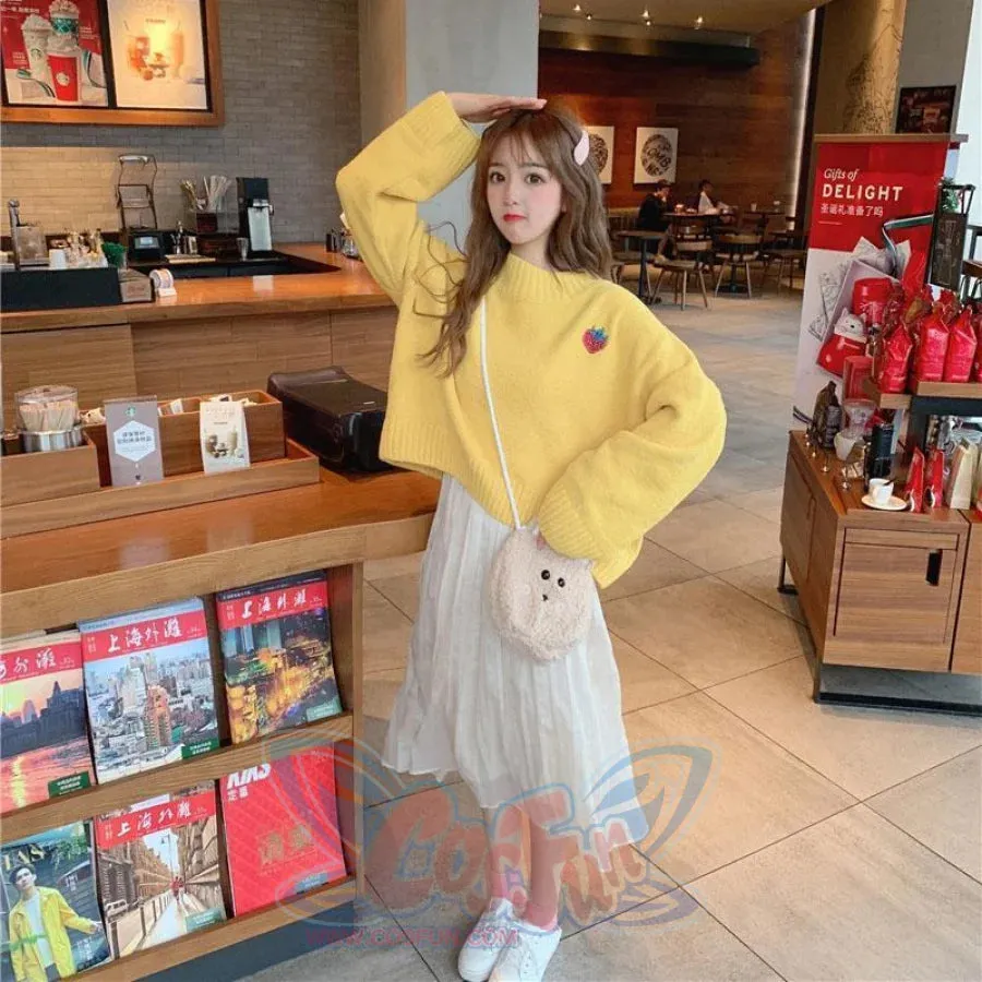 Sweet Strawberry Embroidery Loose Sweater J40076
