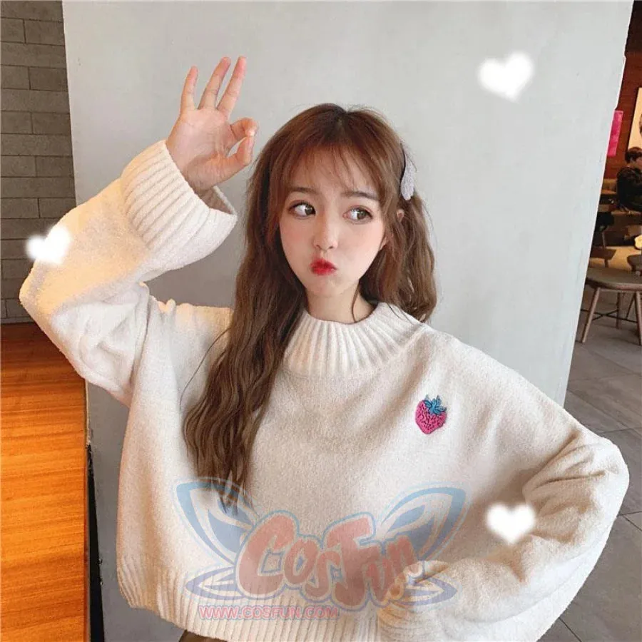 Sweet Strawberry Embroidery Loose Sweater J40076
