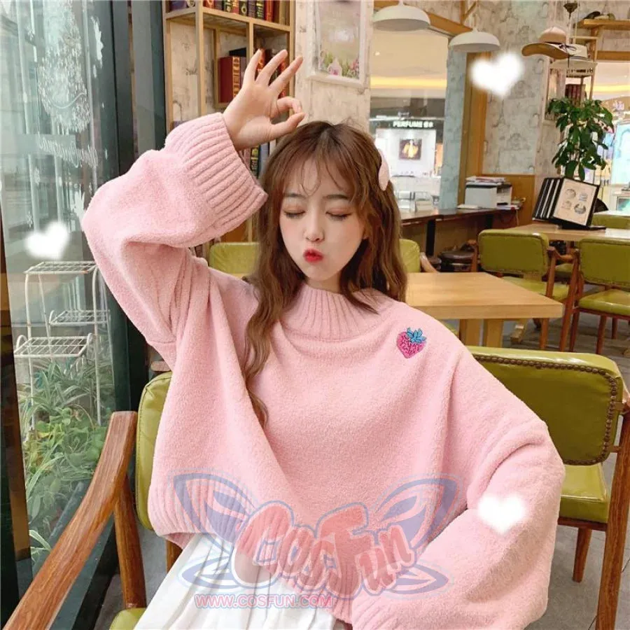 Sweet Strawberry Embroidery Loose Sweater J40076