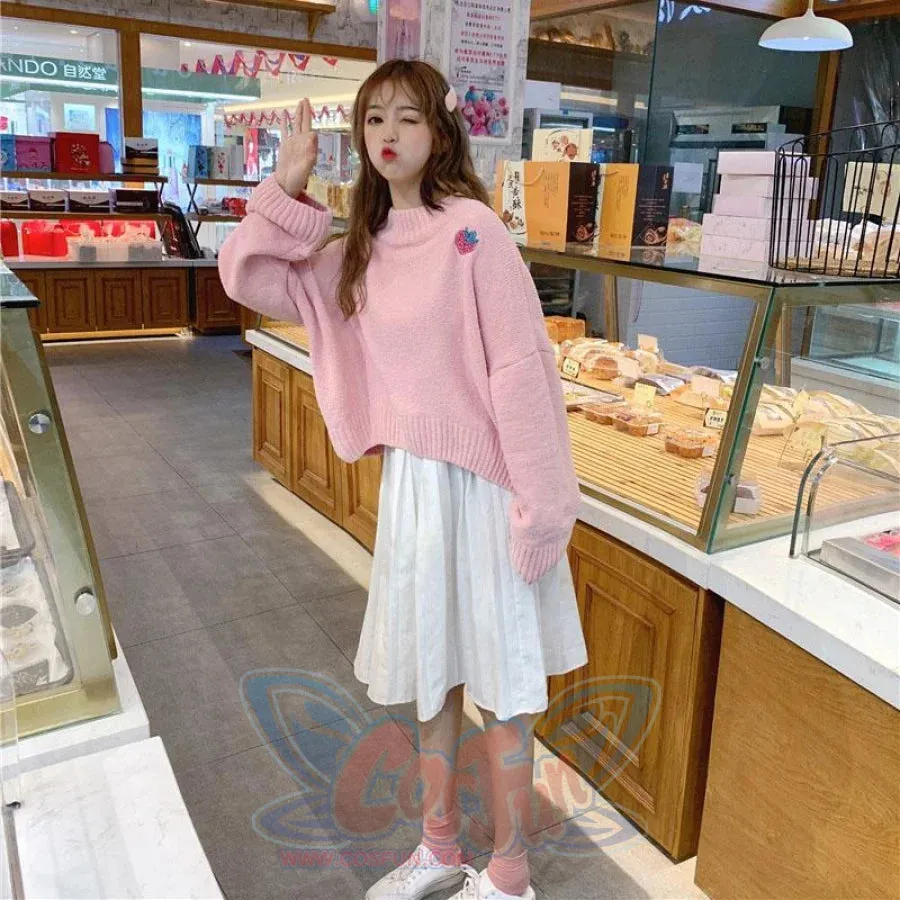 Sweet Strawberry Embroidery Loose Sweater J40076