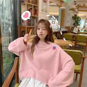 Sweet Strawberry Embroidery Loose Sweater J40076