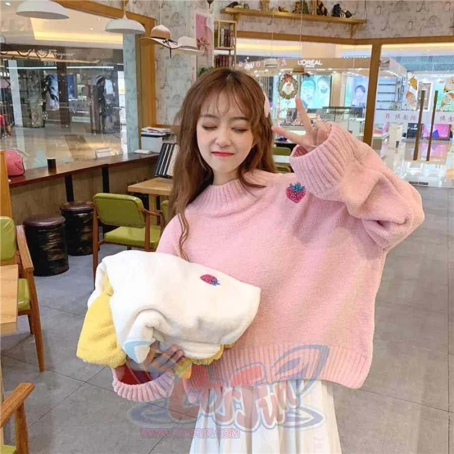 Sweet Strawberry Embroidery Loose Sweater J40076
