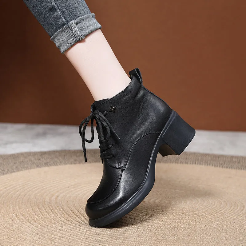 Thick Heel Leather Platform Martin Boots Mid Heel Moccasin Women's Shoes