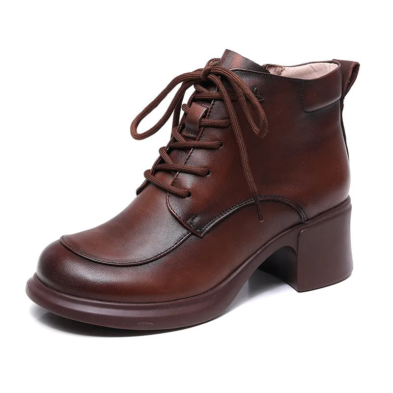 Thick Heel Leather Platform Martin Boots Mid Heel Moccasin Women's Shoes