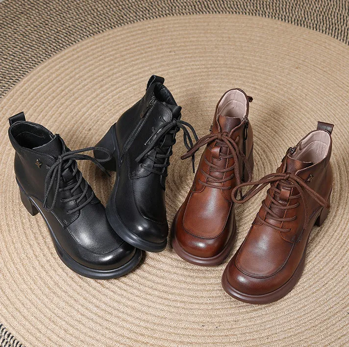 Thick Heel Leather Platform Martin Boots Mid Heel Moccasin Women's Shoes