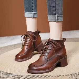 Thick Heel Leather Platform Martin Boots Mid Heel Moccasin Women's Shoes