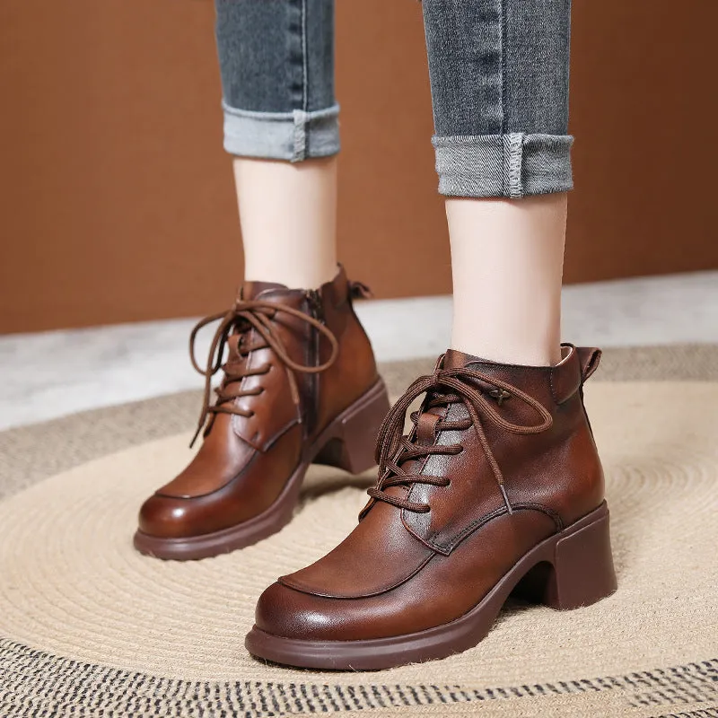 Thick Heel Leather Platform Martin Boots Mid Heel Moccasin Women's Shoes