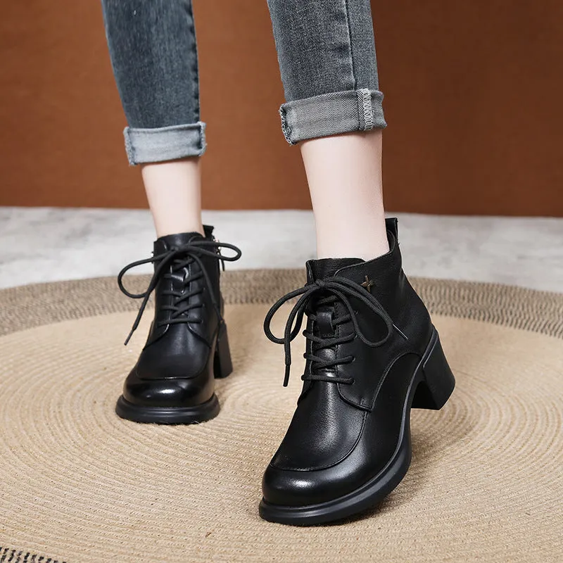 Thick Heel Leather Platform Martin Boots Mid Heel Moccasin Women's Shoes
