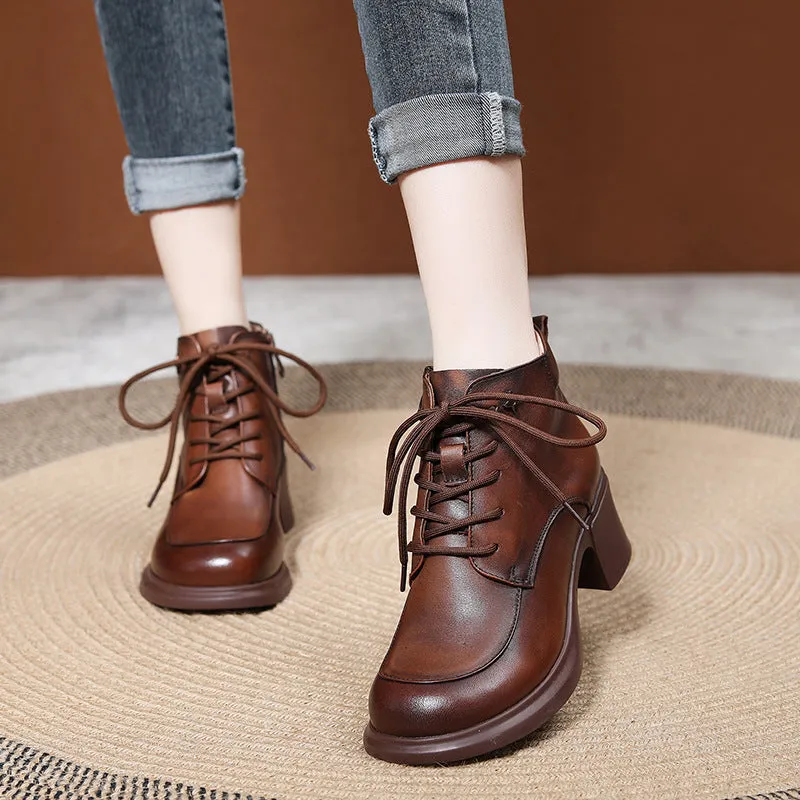 Thick Heel Leather Platform Martin Boots Mid Heel Moccasin Women's Shoes