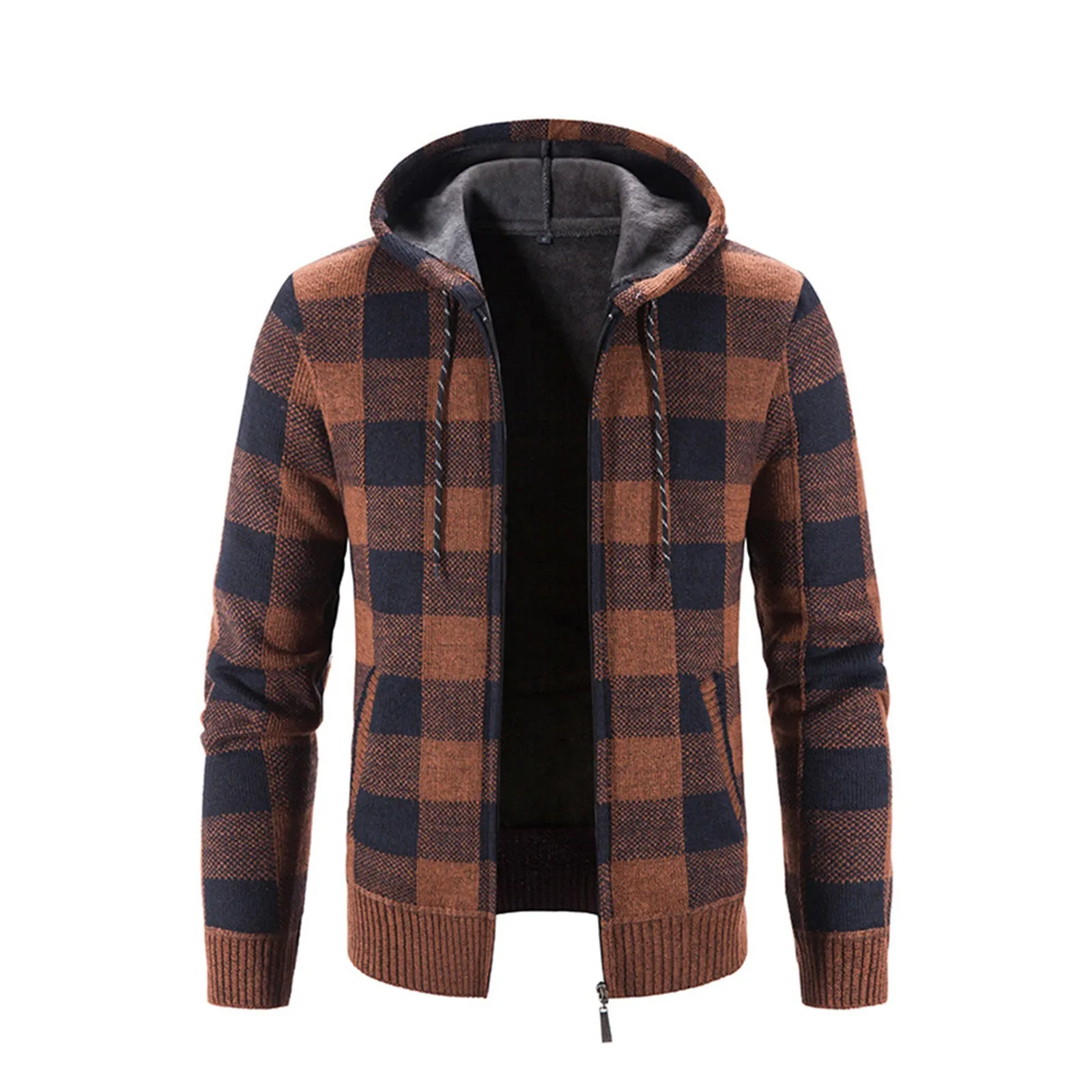 THICKEN FLEECE PLAID ZIPPER POCKET HOODED KNITTED JACKET