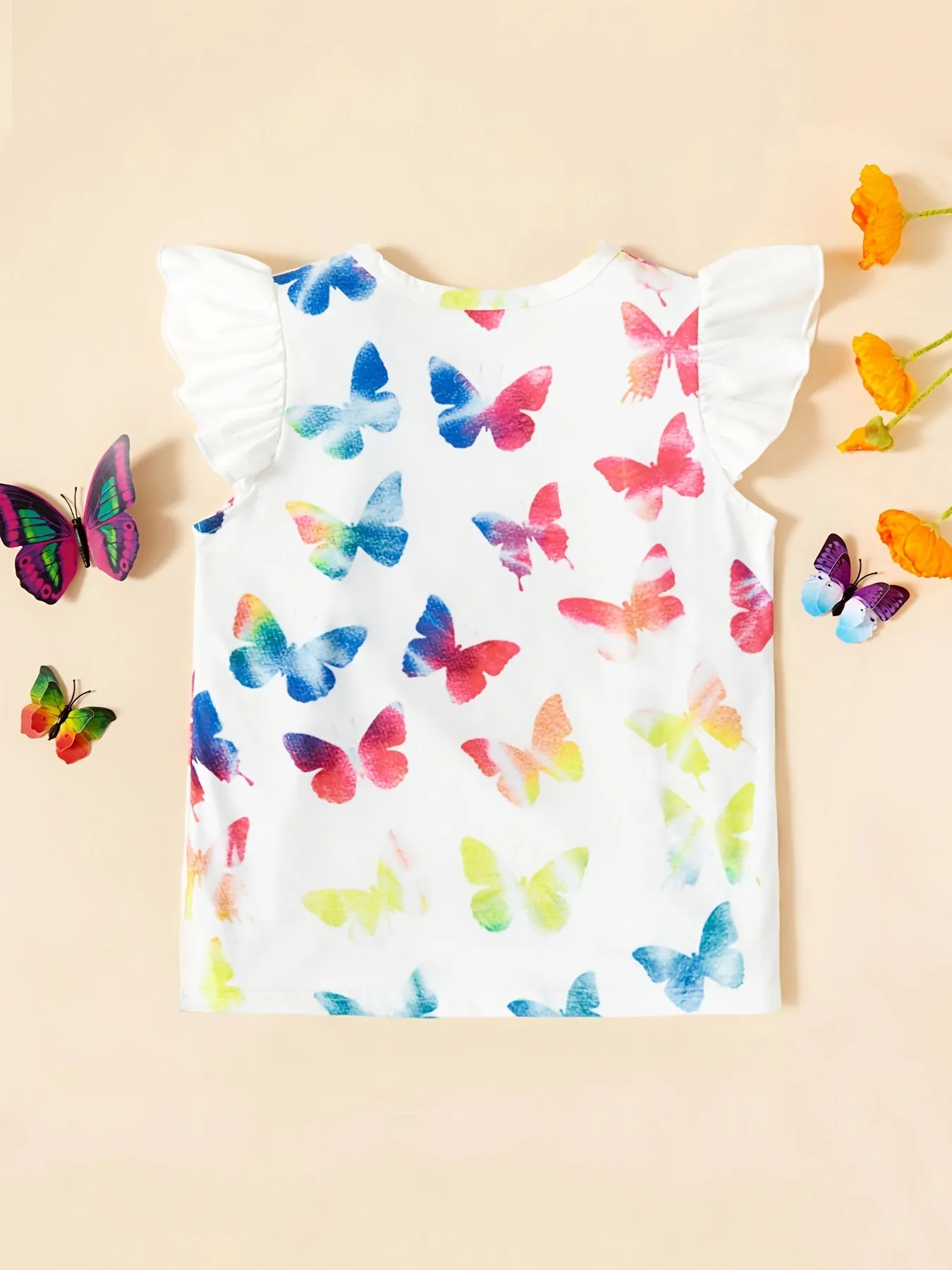Toddler Girls Ruffle Sleeves T-shirt Tee With Butterfly Prints, Short Sleeve Top Baby Kids Clothes Summer