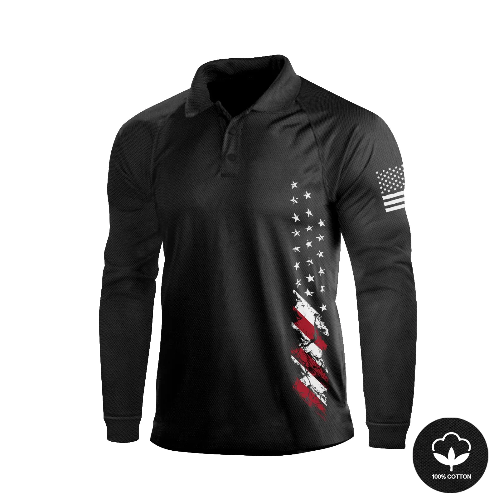 USA FLAG  100% COTTON RAGLAN GRAPHIC LONG SLEEVE POLO SHIRT