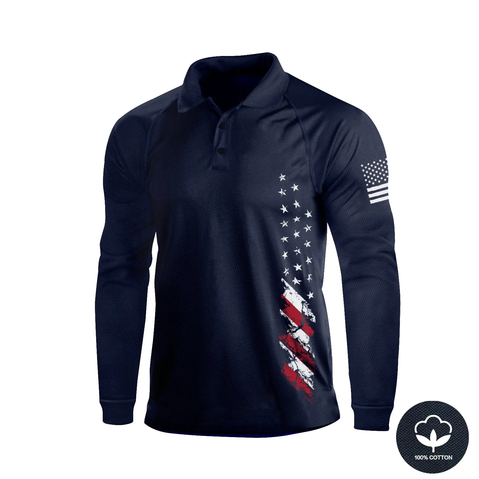 USA FLAG  100% COTTON RAGLAN GRAPHIC LONG SLEEVE POLO SHIRT