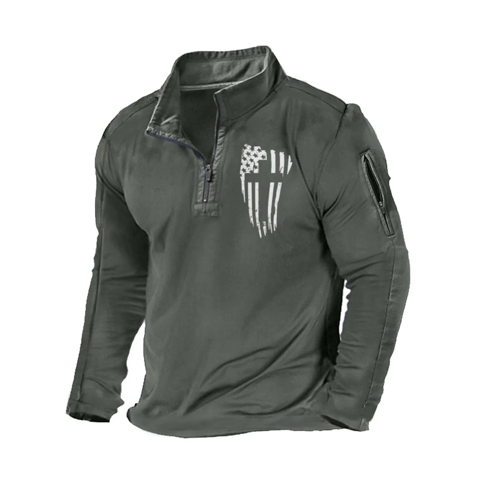 USA FLAG CROSS ZIPPER GRAPHIC POCKET SWEATSHIRT
