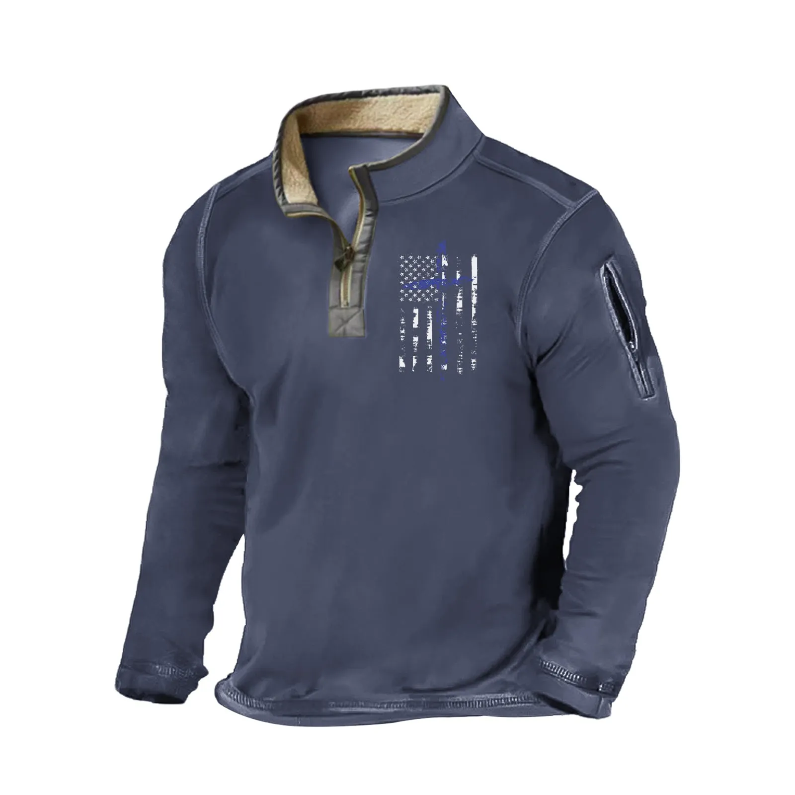 USA FLAG FUR COLLAR SPLICED  ZIPPER GRAPHIC POCKET SWEATSHIRT