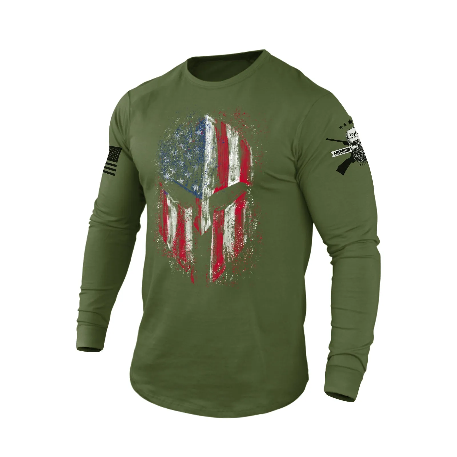 USA FLAG SPARTAN 100%COTTON GRAPHIC LONG SLEEVE T-SHIRT