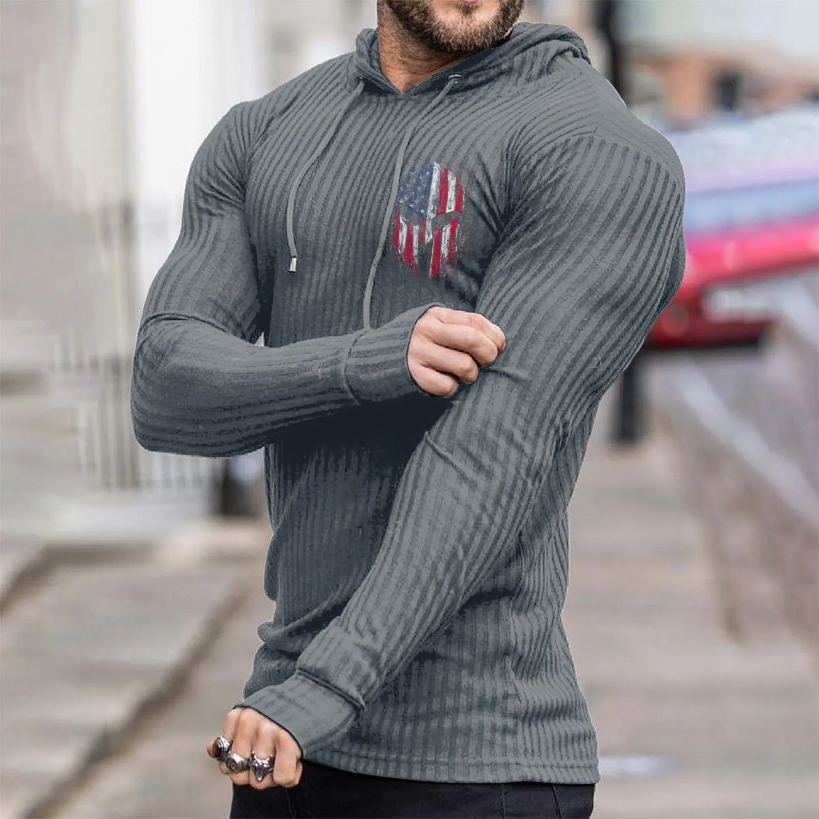 USA FLAG SPARTAN STRIPED GRAPHIC KNITTED HOODIE