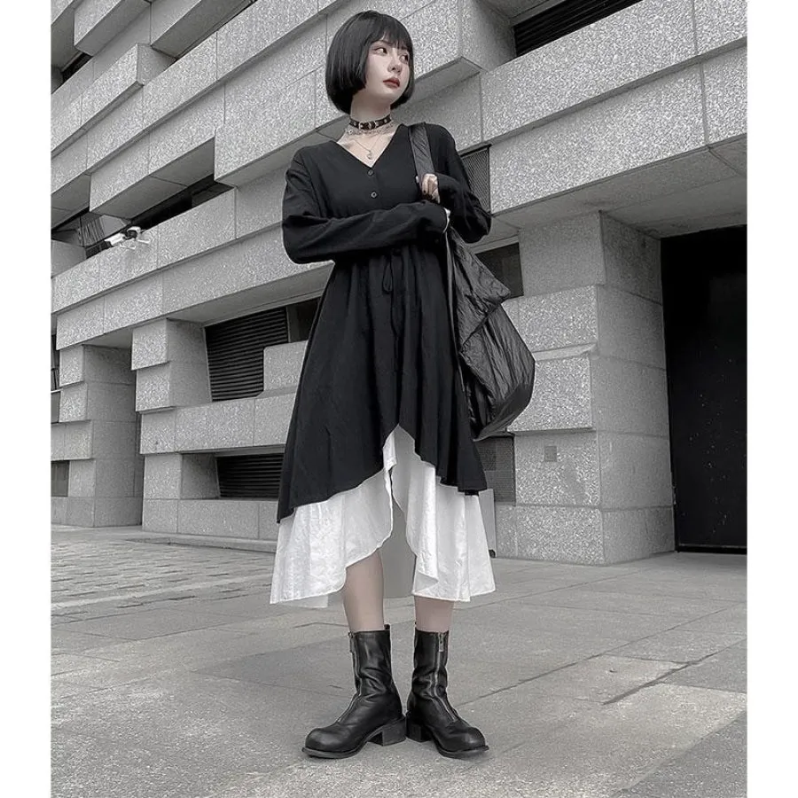 V-Neck Button Drawstring Two-Piece Dress