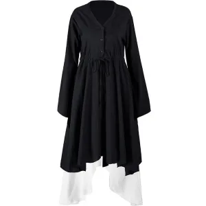 V-Neck Button Drawstring Two-Piece Dress