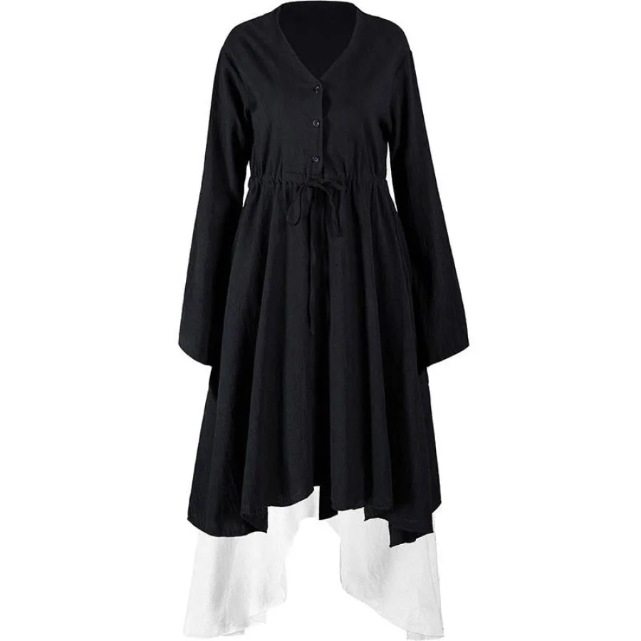 V-Neck Button Drawstring Two-Piece Dress