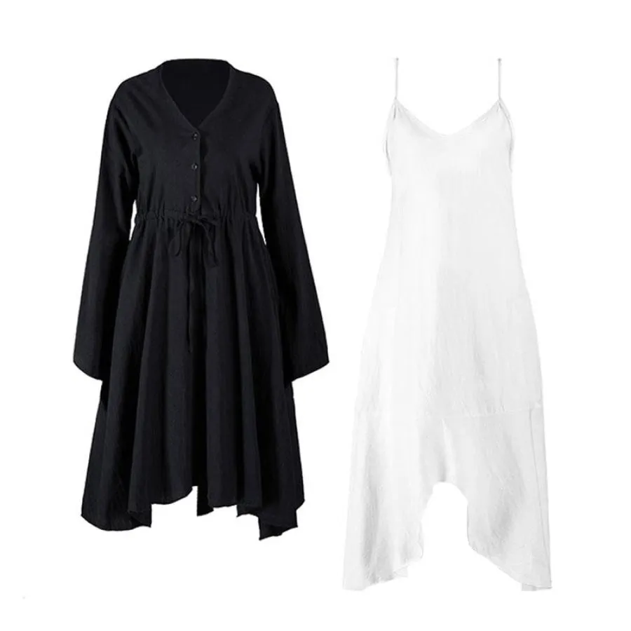 V-Neck Button Drawstring Two-Piece Dress