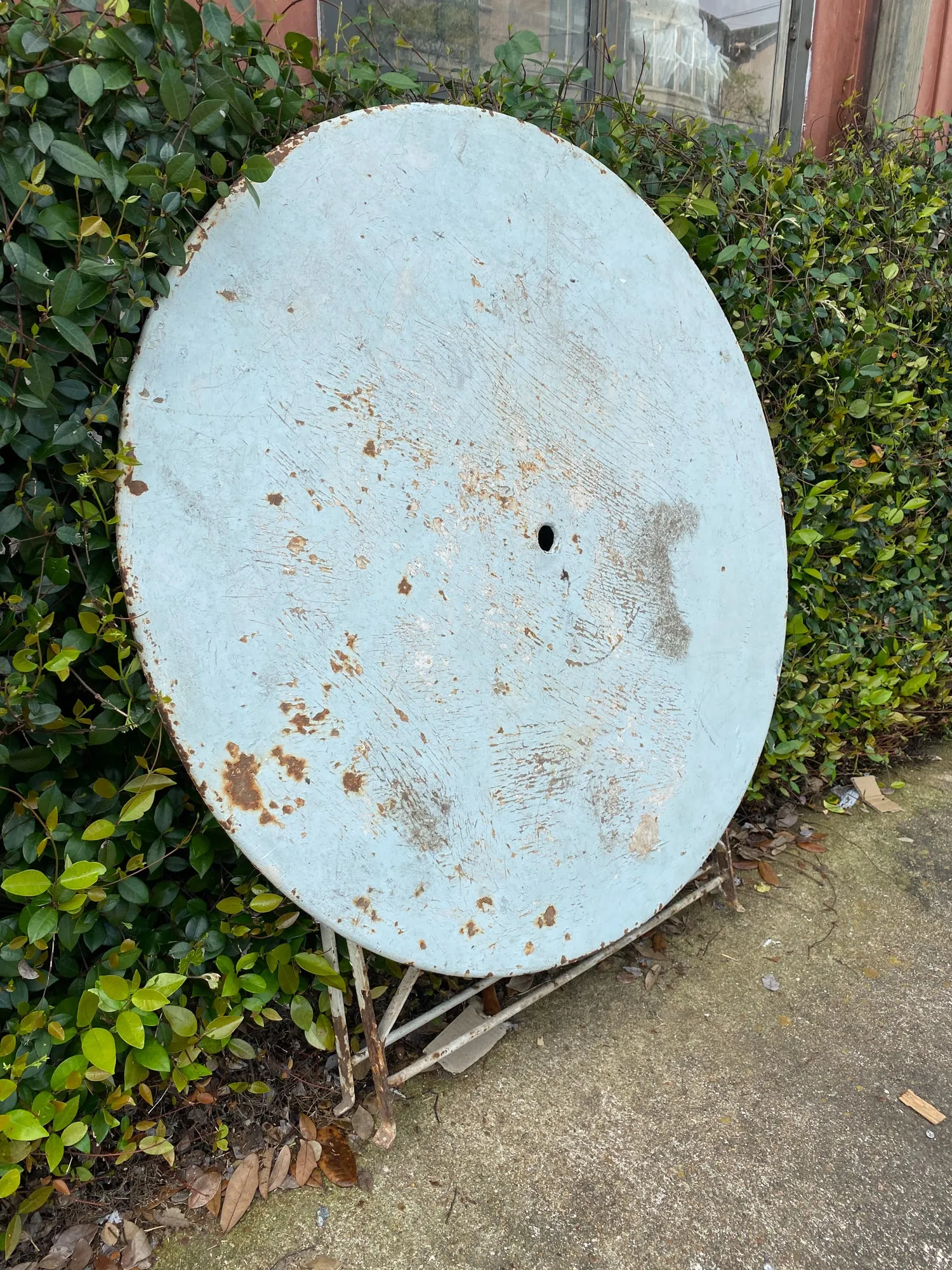 Vintage 1930s French Painted Round Metal Folding Table in Sky Blue