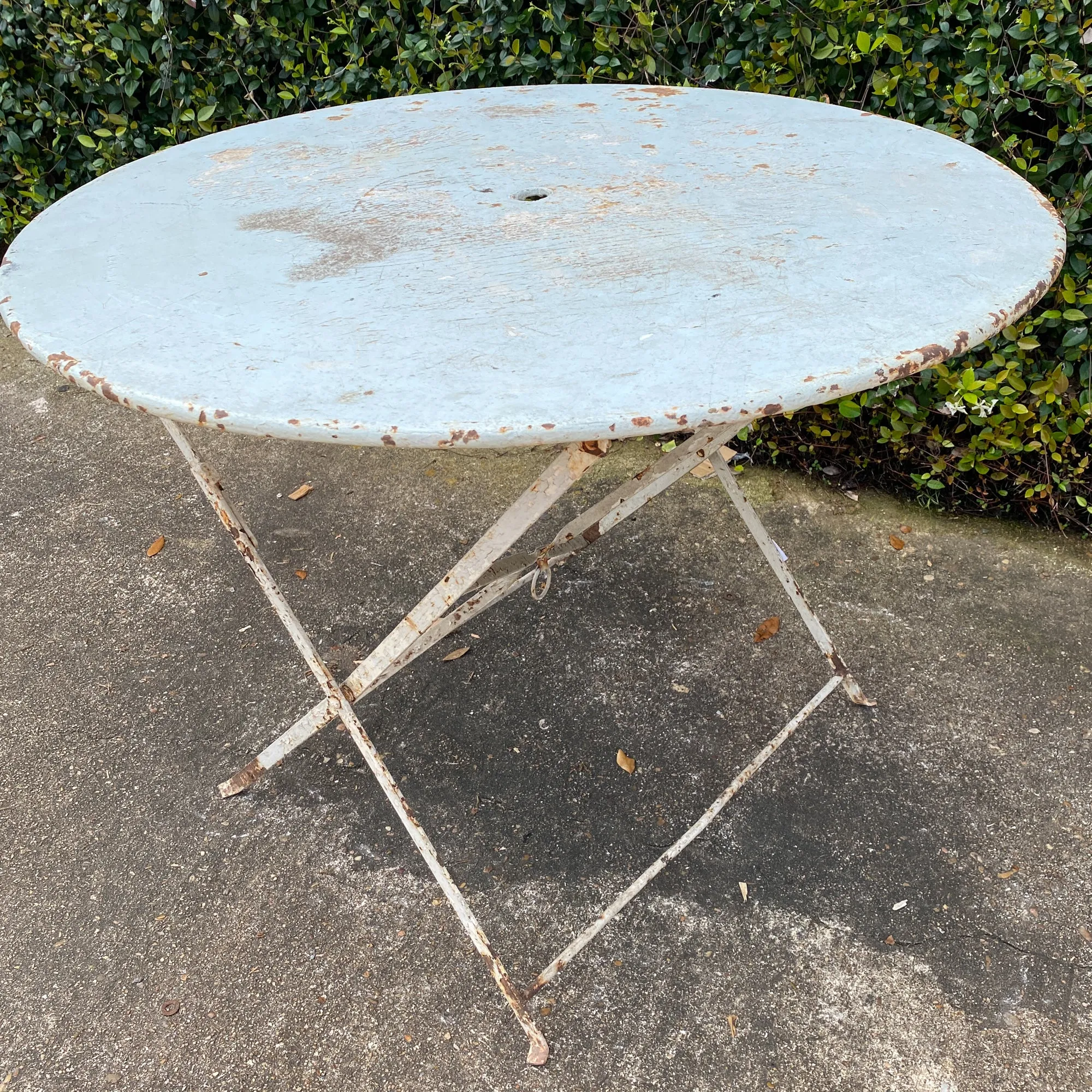Vintage 1930s French Painted Round Metal Folding Table in Sky Blue
