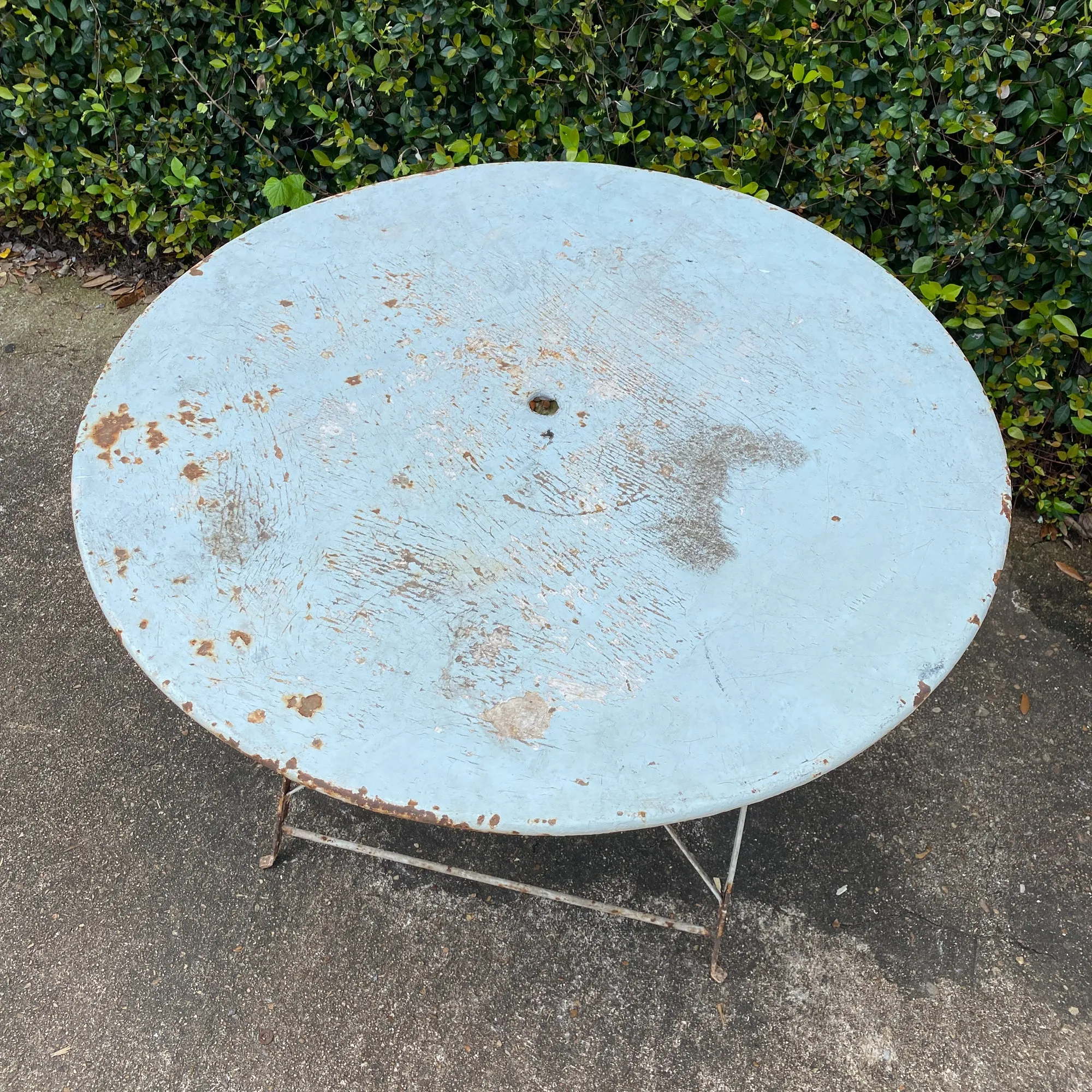 Vintage 1930s French Painted Round Metal Folding Table in Sky Blue