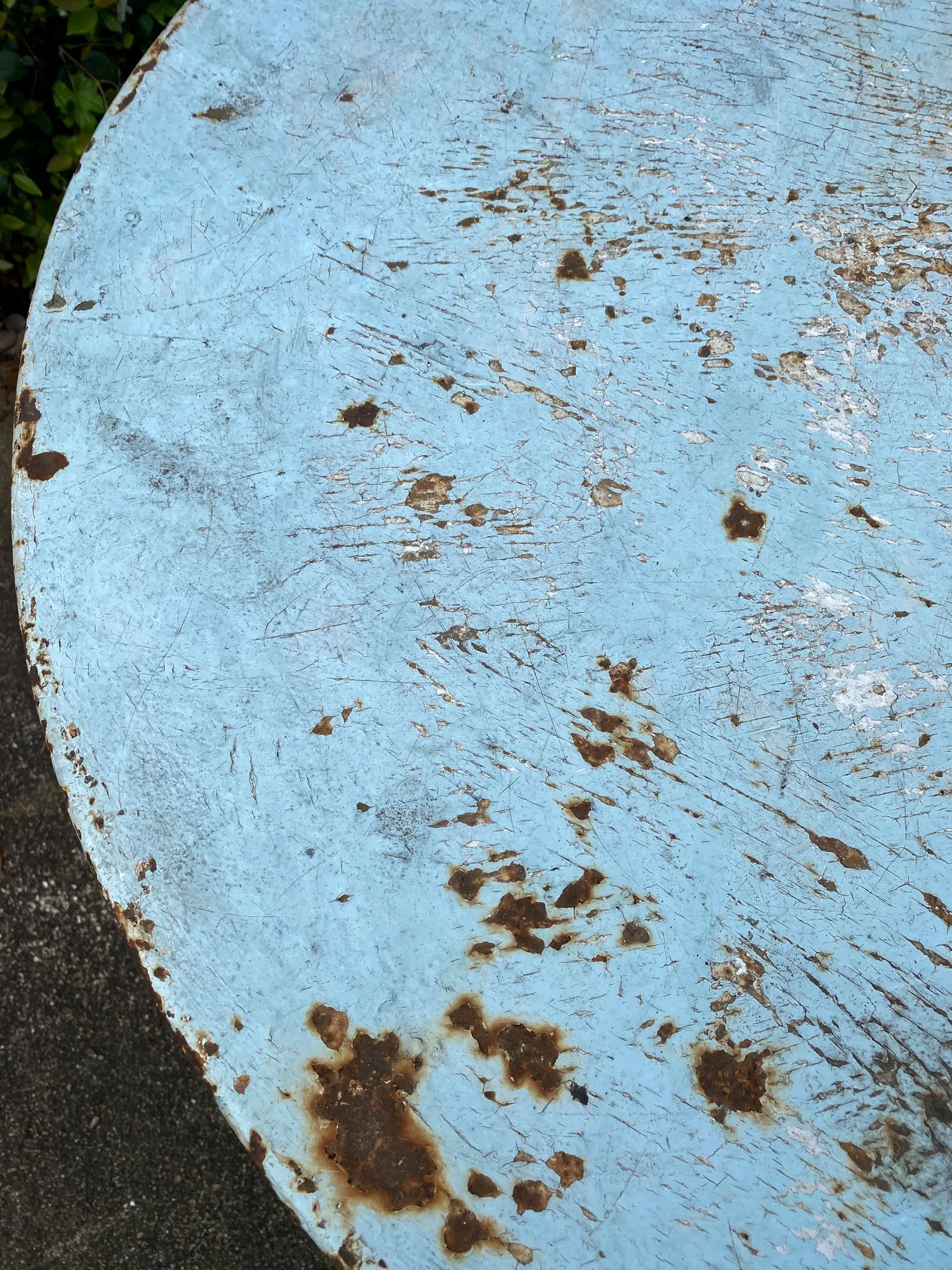 Vintage 1930s French Painted Round Metal Folding Table in Sky Blue