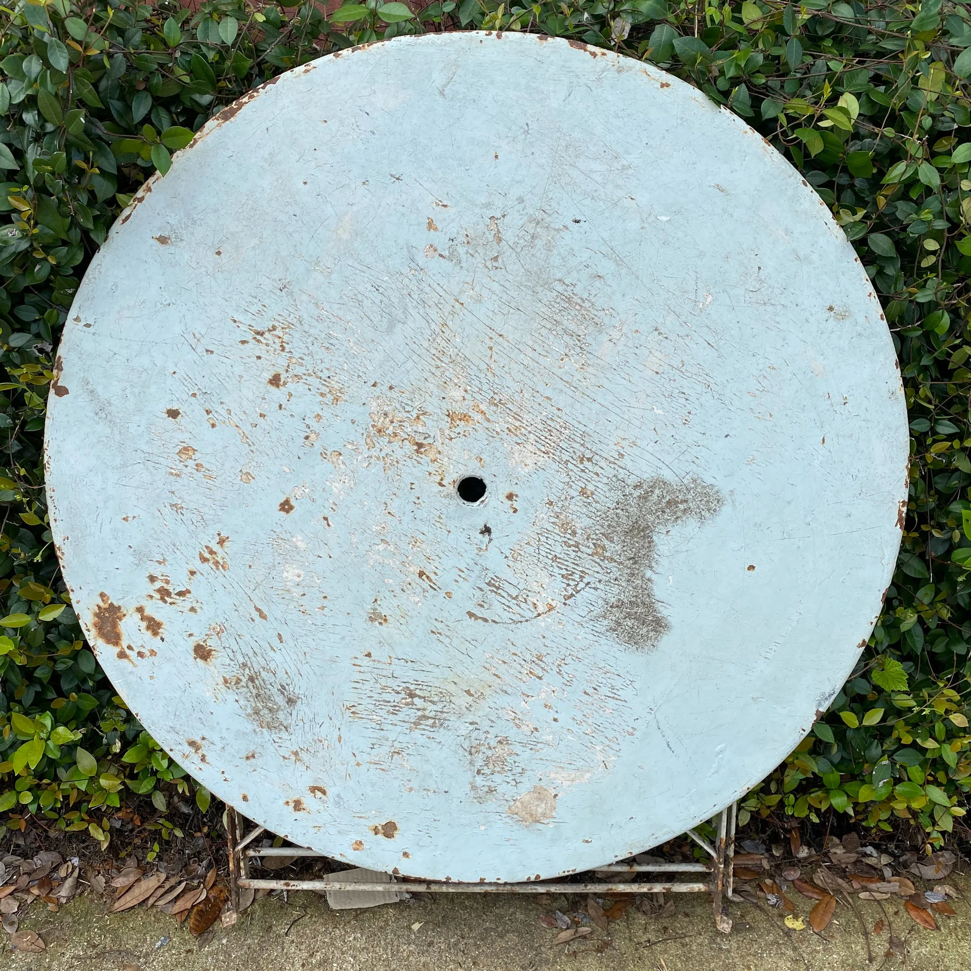 Vintage 1930s French Painted Round Metal Folding Table in Sky Blue