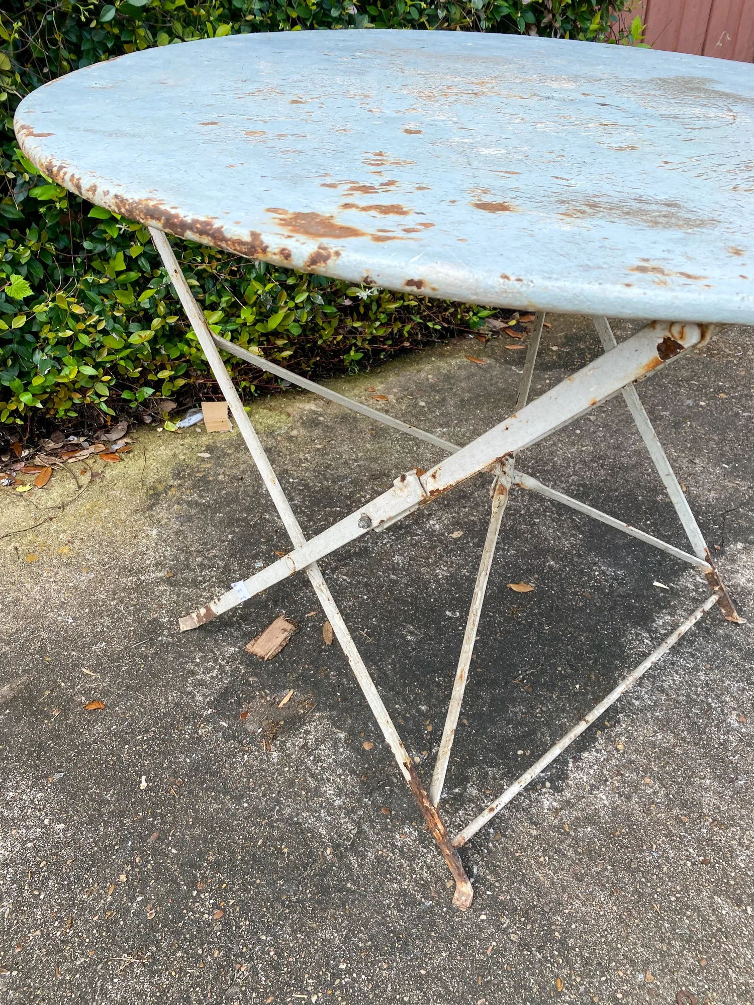 Vintage 1930s French Painted Round Metal Folding Table in Sky Blue