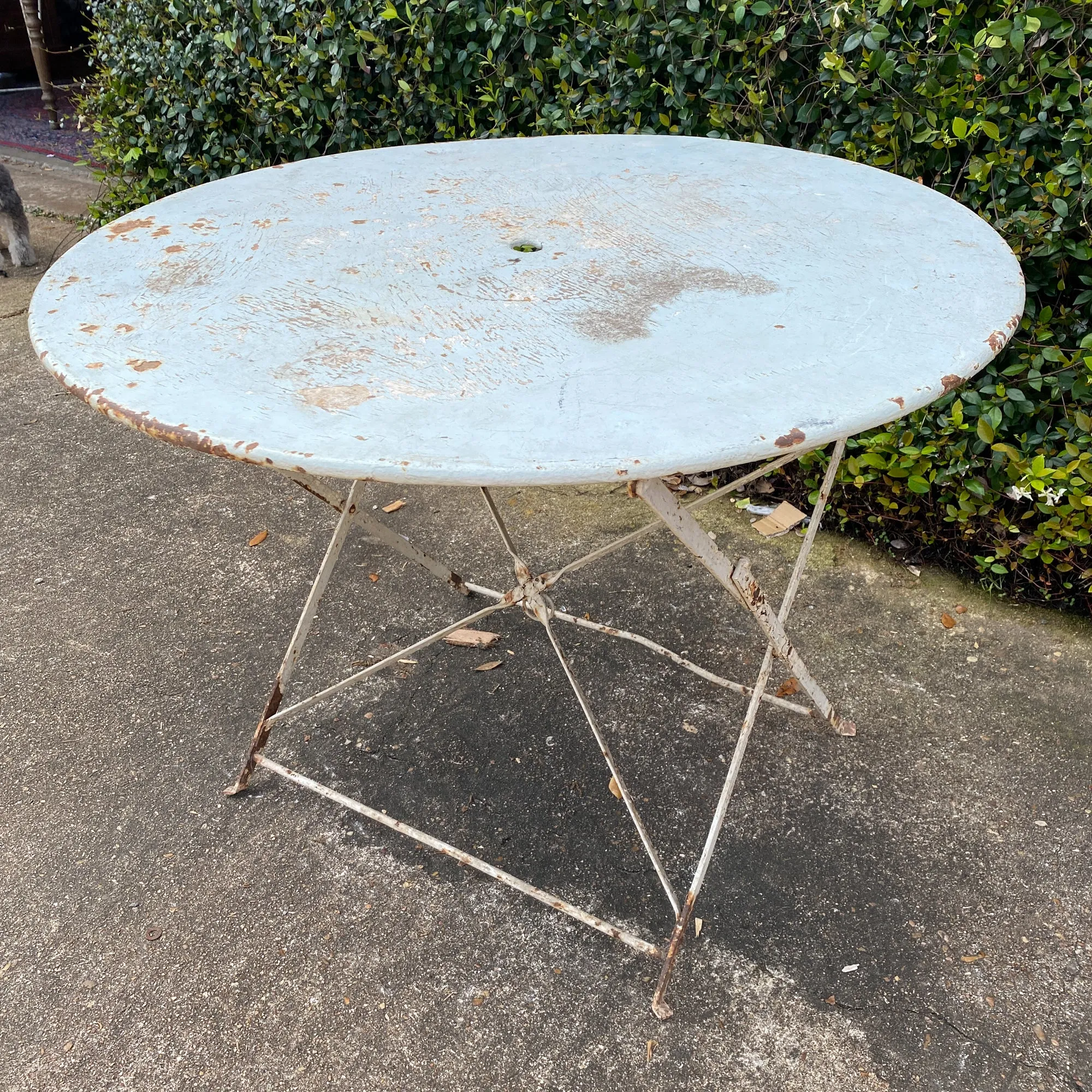Vintage 1930s French Painted Round Metal Folding Table in Sky Blue