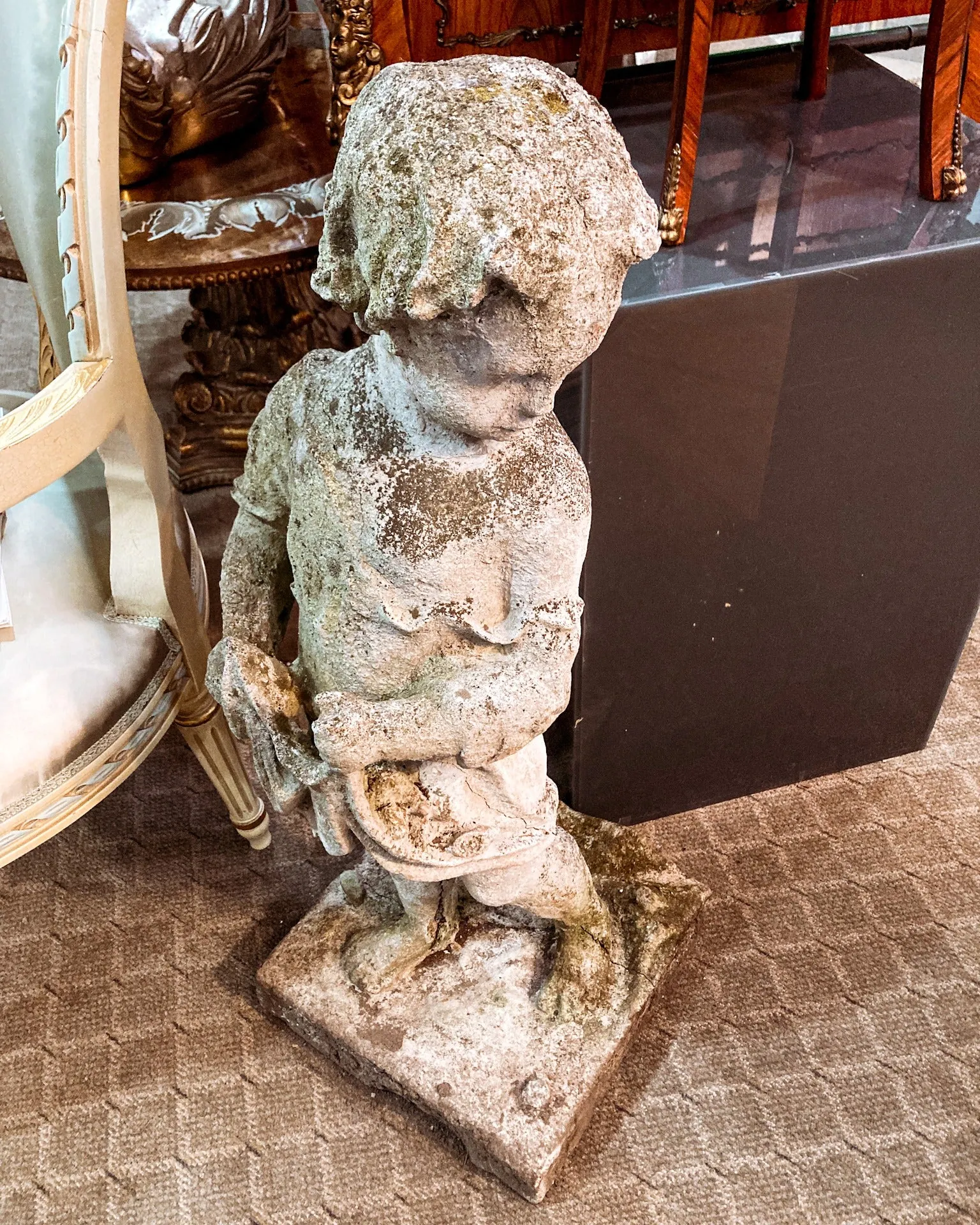 Vintage 1960s Barefoot Child Putti Outdoor Cast Stone Garden Sculpture Statue