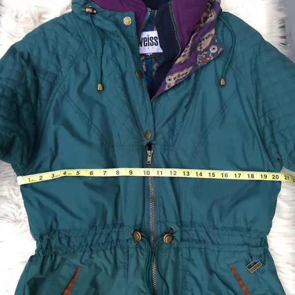 Vintage Edelweiss Ski Wear Embroidered Teal Drawstring Hooded Womens Jacket S