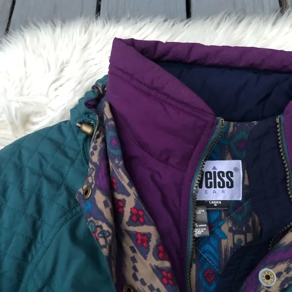 Vintage Edelweiss Ski Wear Embroidered Teal Drawstring Hooded Womens Jacket S