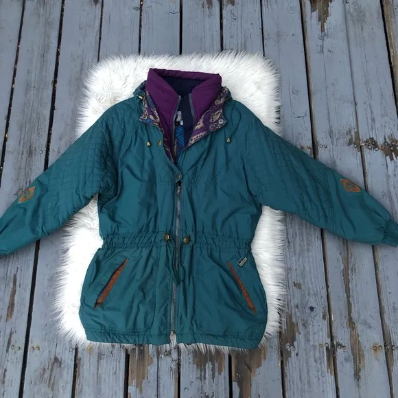 Vintage Edelweiss Ski Wear Embroidered Teal Drawstring Hooded Womens Jacket S