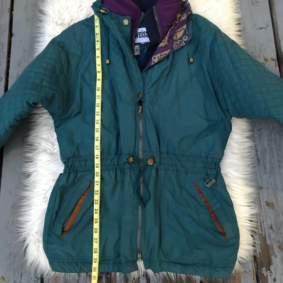 Vintage Edelweiss Ski Wear Embroidered Teal Drawstring Hooded Womens Jacket S