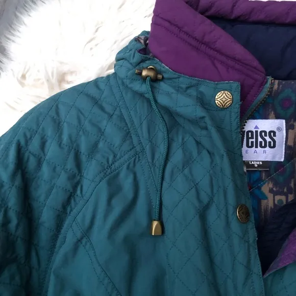 Vintage Edelweiss Ski Wear Embroidered Teal Drawstring Hooded Womens Jacket S