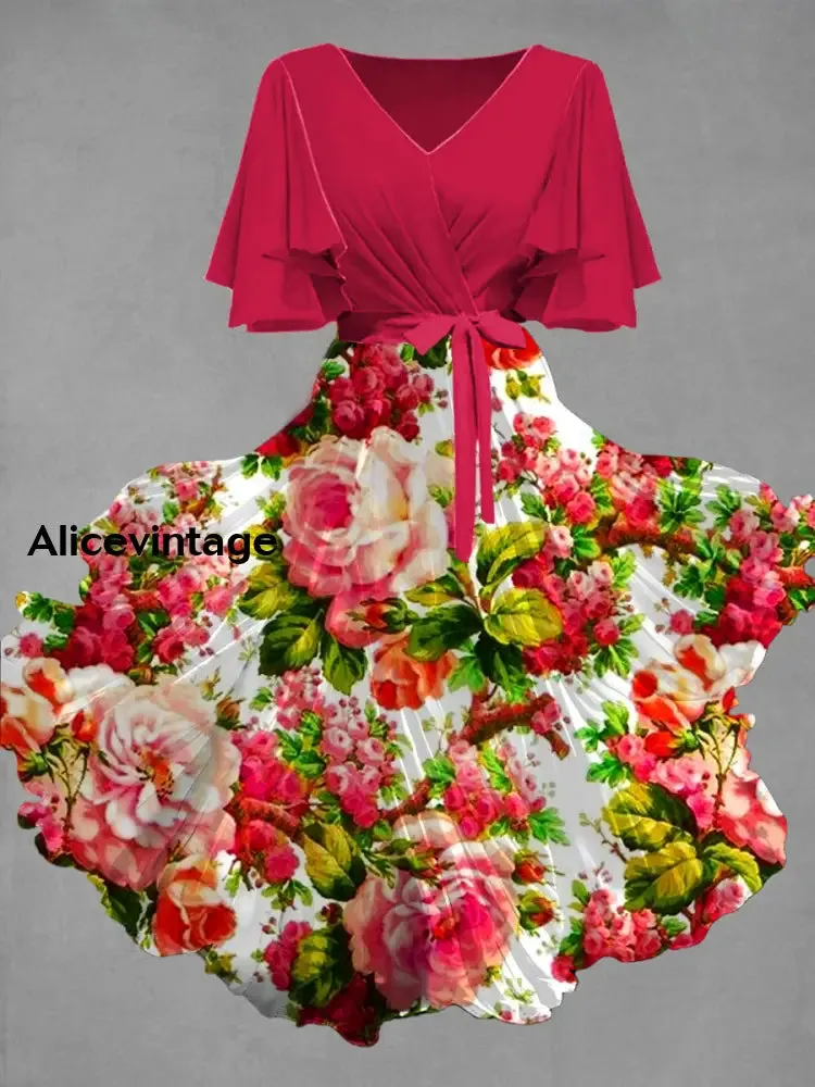 Vintage Floral Art Print Chic V-Neck Short Sleeve Midi Dress