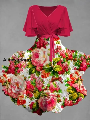 Vintage Floral Art Print Chic V-Neck Short Sleeve Midi Dress