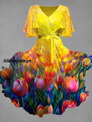 Vintage Floral Art Print Chic V-Neck Short Sleeve Midi Dress