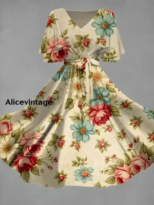 Vintage Floral Art Print Chic V-Neck Short Sleeve Midi Dress