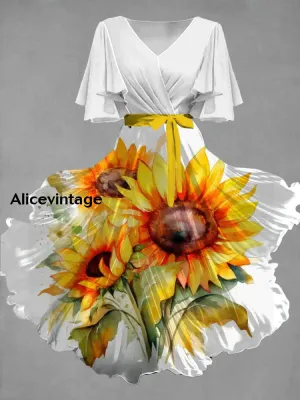 Vintage Floral Art Print Chic V-Neck Short Sleeve Midi Dress