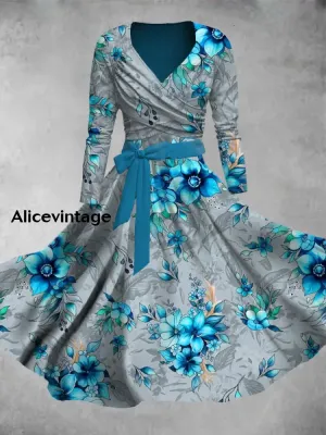 Vintage Floral Print V-Neck Elegant Chic Midi Two-Piece Long Sleeve Dress