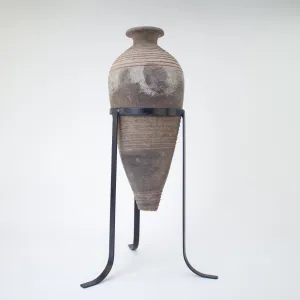 Vintage Oil Jar with Iron Stand. Vintage Terracotta Vase, Large