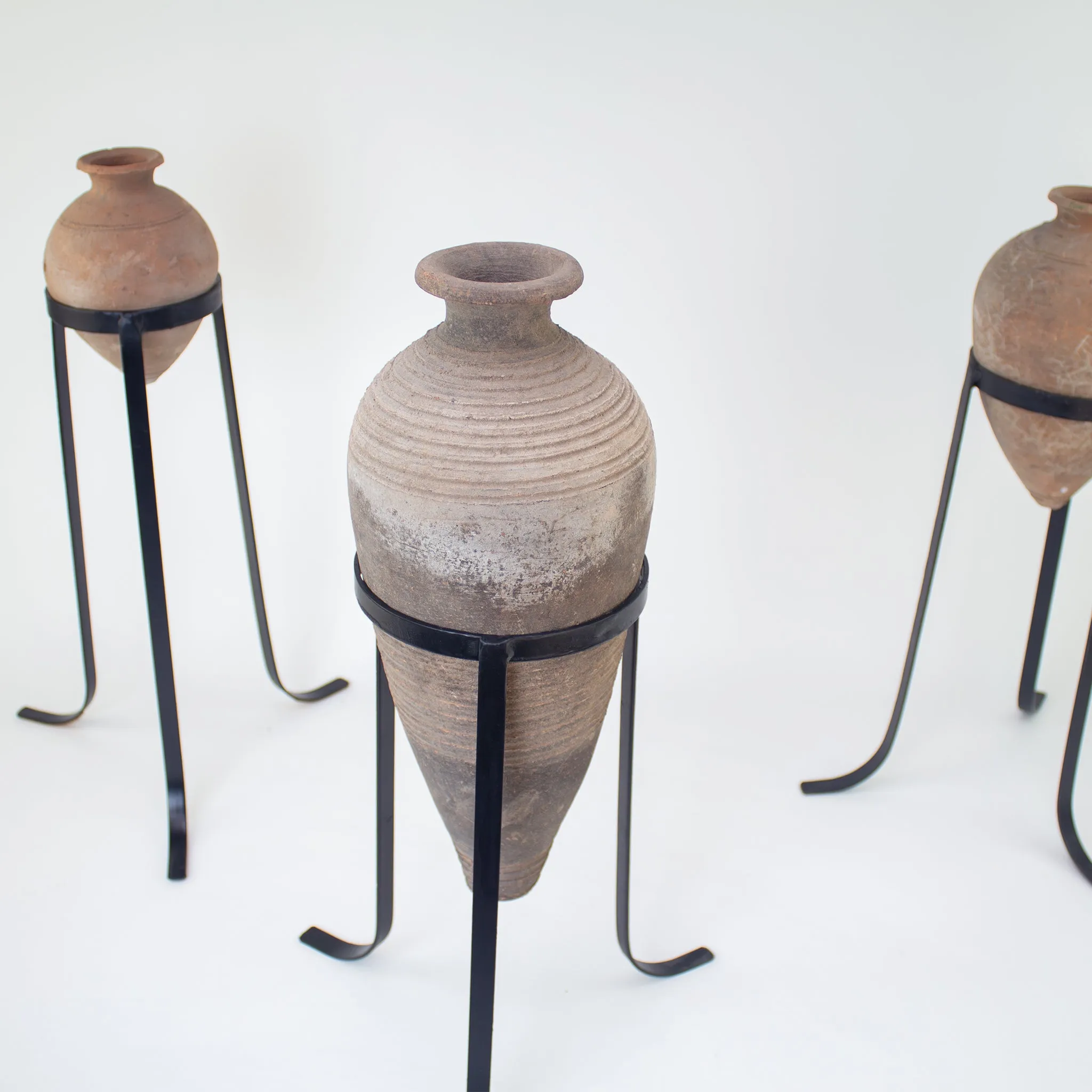 Vintage Oil Jar with Iron Stand. Vintage Terracotta Vase, Large