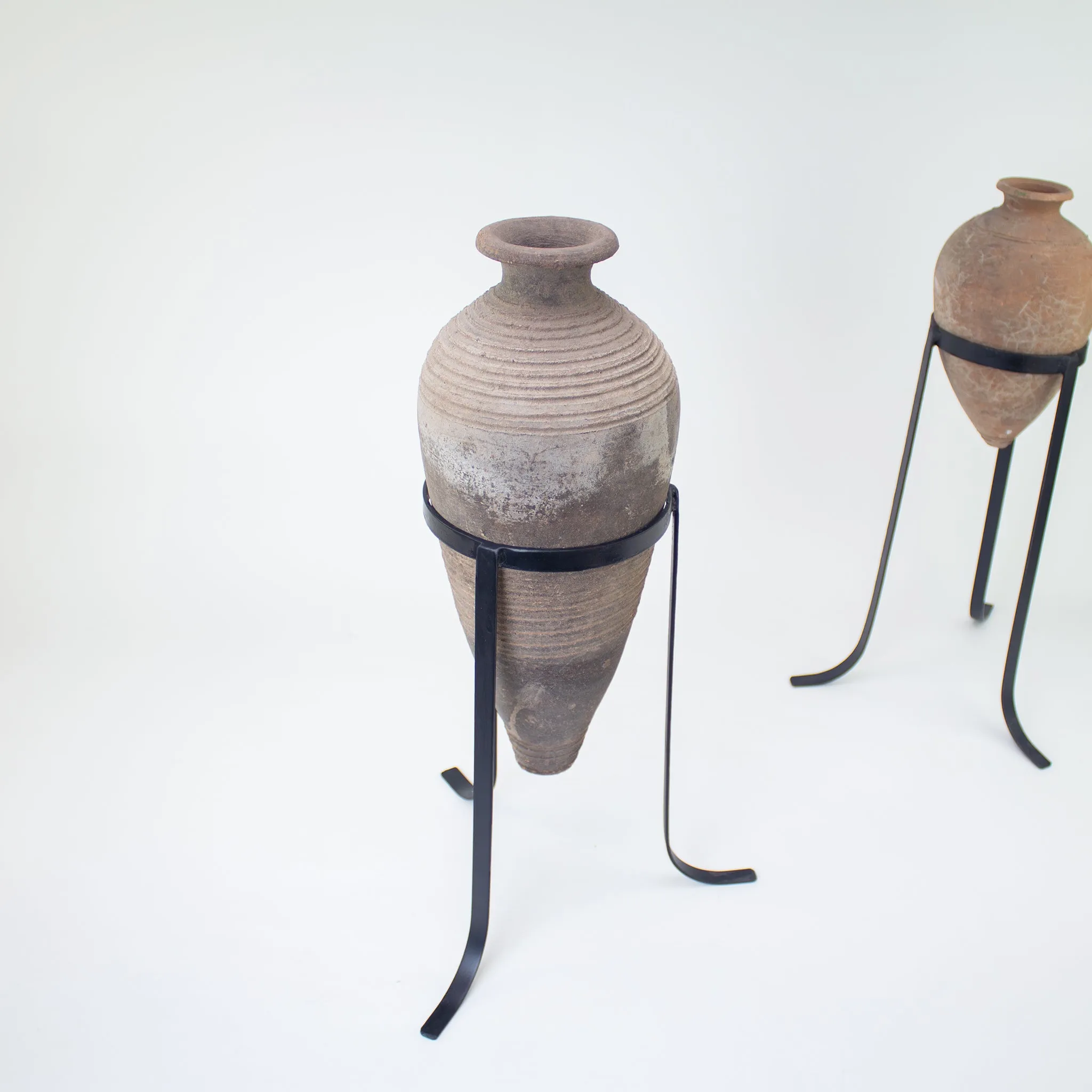 Vintage Oil Jar with Iron Stand. Vintage Terracotta Vase, Large
